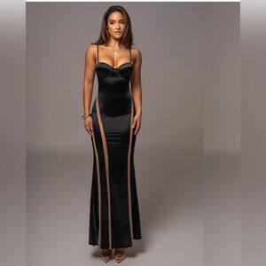 JLuxLabel Black All Your Love maxi dress. Black satin with sheer accents.